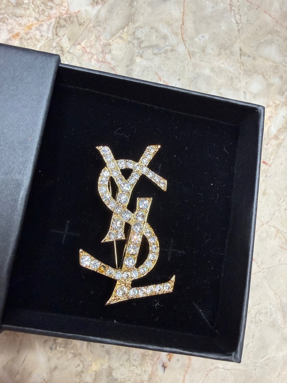 Yves Saint Laurent Gold Crystal Monogram Brooch
